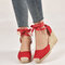 Big Size Women Casual Flax Closed Toe Espadrille Wedges Lace Up Sandals - Red