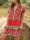 Ethnic Print Short Sleeve V-neck Vintage Jumpsuit Fot Women - Red