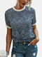 Leopard Print Short Sleeves O-neck Casual T-shirt - Navy
