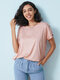 Solid Button Short Sleeve O-neck Casual T-shirt for Women - Pink