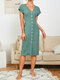 Solid Color V-neck Button Short Sleeve Casual Dress For Women - Green