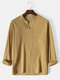 Mens Simple Solid 100% Cotton V-Neck Long Sleeve Shirt - Yellow