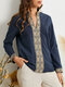 Tribal Pattern Long Sleeve Stand Collar Blouse - Navy
