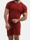 Mens Cotton Solid Color Two Piece Outfits Short Sleeve T-Shirt & Drawstring Shorts Casual Set - Wine Red