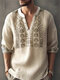 Camisas masculinas vintage Planta com estampa de meio botão manga comprida Henley - Damasco