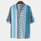 Mens Ethnic Style Printed Stand Collar Half Sleeve  Loose Casual T-shirt - Blue