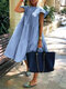 Women Solid Layered Design Ruffle Sleeve Cotton Dress - Blue