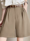 Pantalones cortos de pierna ancha con cintura elástica y bolsillo sólido para mujer - Caqui