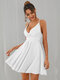 Solid Adjustable Strap Backless Bow Deep V-neck Sexy Dress - White