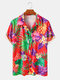 Mens Tropical Floral Print Holiday Casual Light Short Sleeve Shirts - Red