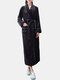 Women Flannel Thicken Long Sleeve Belted Home Robes With Pockets - Black