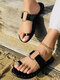 Plus Size Women Fashion Casual Summer Beach Vacation Thumb Slippers - Black