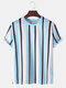 Mens Vertical Stripes Print Loose Casual Breathable Round Neck T-Shirts - Blue