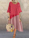 Polka Dot Plaid Patchwork Fake Two Pieces Plus Size Dress - Red