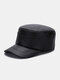Men Cow Leather Solid Color Stitched Sweat-absorbent Breathable Warmth Military Cap Flat Cap - Black