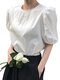 Puff Sleeve Solid Color Short Sleeve Crew Neck Casual Blouse - White