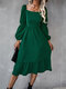 Solid Square Collar Shirred Long Sleeve Casual Dress - Green