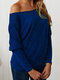 Loose Solid Color manga comprida Off-ombro Sweater Para Mulheres - azul