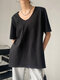 Solid Split Round Neck Short Sleeve Casual T-Shirt - Black