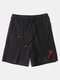 Mens Rose Embroidery Texture Casual Drawstring Shorts With Pocket - Black