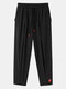 Mens Linen Solid Color Loose Pleated Drawstring Mid Harm Pants - Black