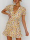 Floral Print Ruffle Tie Puff Sleeve Cross Wrap Eelgant Chiffon Dress - Yellow