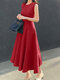Solid Sleeveless A-line Swing Crew Neck Women Dress - Red