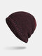 Men Polyester Cotton Knitted Plus Velvet Two-color Dual-use Casual Warmth Beanie Hat - Wine Red