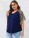 Leopard Print V-neck Raglan Sleeve Plus Size T-shirt for Women - Royal Blue