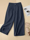 Women Solid Pleated Cotton Casual Pants With Pocket - Dark Blue