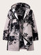 Plus Size Calico Pattern Zip Front Long Sleeve Hooded Coat - Gray