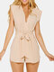 Solid Color Knotted V-neck Short Sleeveless Casual Romper for Women - Beige