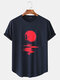 Mens Red Sun Figure Print Curved Hem Short Sleeve T-Shirts - Navy