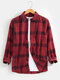 Mens Check Button Up Lapel Cotton Casual Long Sleeve Shirts - Red