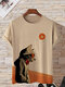 Mens Cat Figure Print Crew Neck Casual Short Sleeve T-Shirts - Khaki