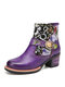 SOCOFY Elegant Floral Cloth Splicing Comfy Genuine Leather Wearable Chunky Heel Ankle Boots - Purple