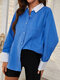 Contrast Color Lapel Collar Pocket Long Sleeve Women Blouse - Blue