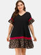 Leopard Print Patchwork Ruffle Sleeve Plus Size Dress for Women - Red