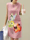 Women Watercolor Lotus Print Crew Neck Sleeveless Dress - Pink