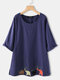 Women Embroidery Half Sleeve Overhead Casual T-Shirt - Blue