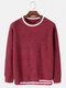 Mens Thick Contrast Color Crew Neck Knitted Warm Regular Fit Sweater - Red