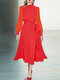 Contrast Puff Sleeve A-line Stand Collar Dress With Belt - Orange