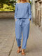 Solid Long Sleeve Pocket Knotted Two Pieces Suit - Blue