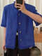 Mens Solid Fringe Trim Metal Button Short Sleeve Shirt - Blue