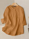 Solid 3/4 Sleeve Pocket Button Front Stand Collar Casual Blouse - Yellow