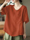 Damen-Bluse aus Baumwolle, einfarbig, Rundhalsausschnitt, kurzärmlig, locker - Orange