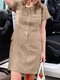Women Solid Lapel Button Front Short Sleeve Cargo Dress - Khaki