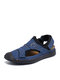 Men Closed Rubber Toe Hand Stitching Soft Back Hook Loop Leather Sandals - Blue