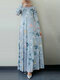 Leaves Print O-neck Long Sleeve Casual Muslim Dress for Women - Blue