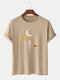 Mens 100% Cotton Moon Flowers Print Solid Breathable Loose T-Shirt - Khaki